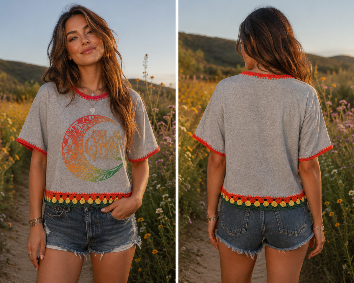 Free Spirit Crochet Trim Tee (Gypsy Fleetwood M)A relaxed graphic tee finished with colorful hand-crocheted edging for a playful, one-of-a-kind boho look.